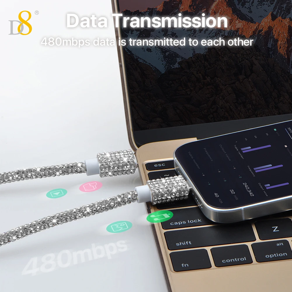 D8 60W USB C to USB C Cable Fast Charging,  Crystal Decoration,Diamond Shine, Compatible with iPhone 15/Pro/Plus/Pro Max, MacBoo