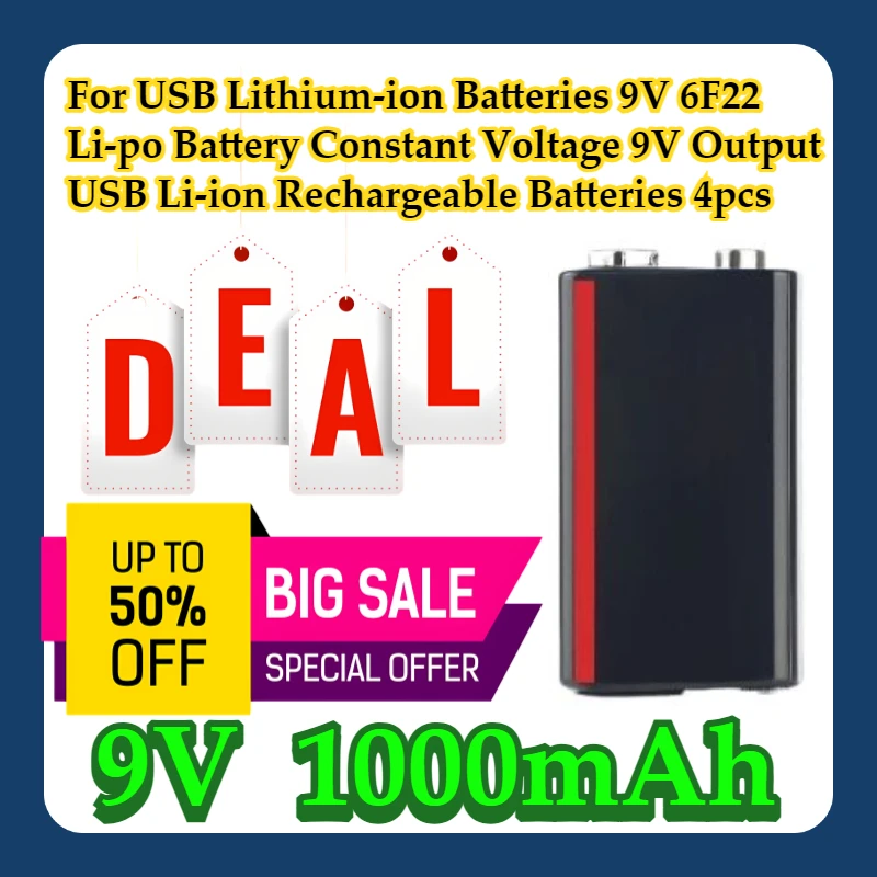 

For 9V 1000mAh USB Lithium-ion Batteries 9V 6F22 Li-po Battery Constant Voltage 9V Output USB Li-ion Rechargeable Batteries 4pcs