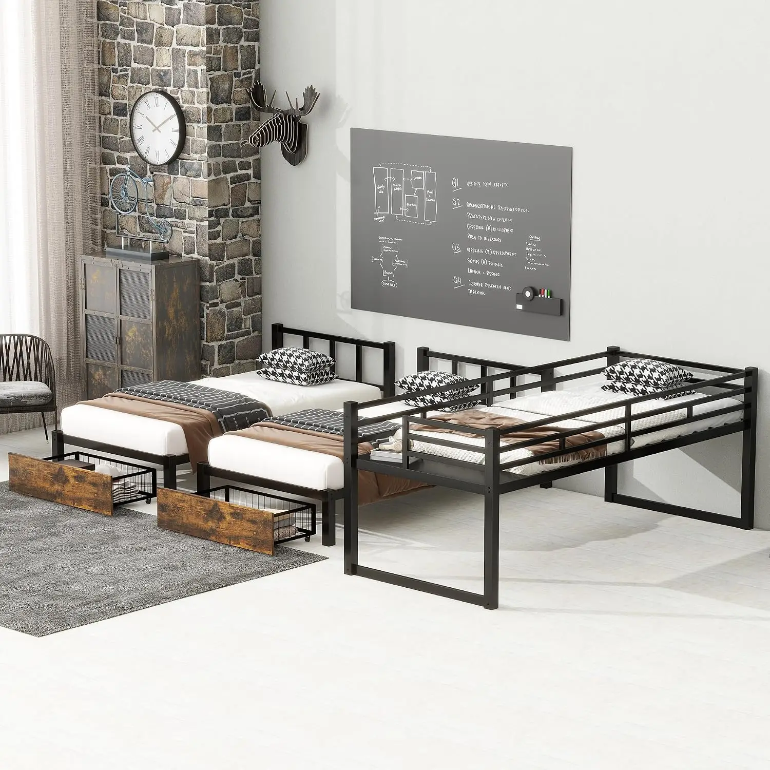 Triple Bunk Bed Detachable TwinXL Over Twin Over Twin Metal with Guardrails Ladder & Storage Converts to 3 Beds, Customized