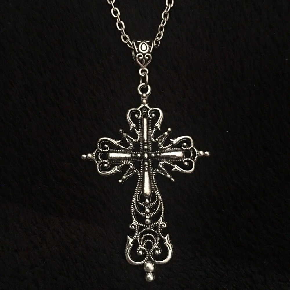 Large Victorian Cross Necklace Long 19” Chain God Silver Religious Gothic Jesus