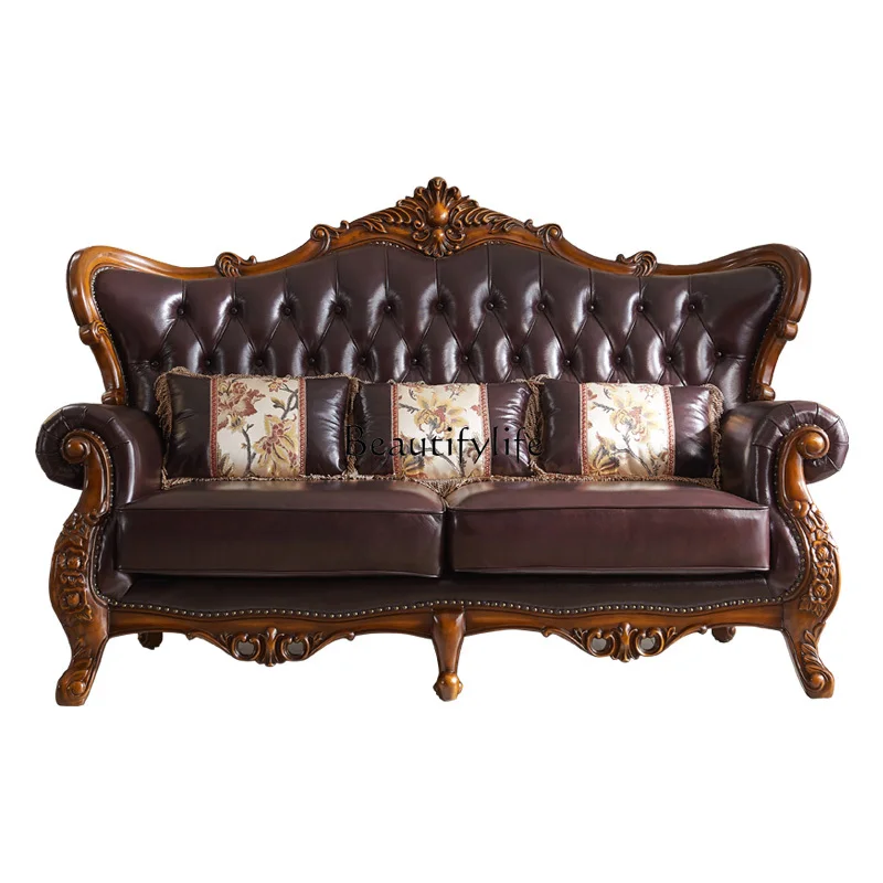 

FG44American-Style Wood Sofa Carved Genuine Leather European-Style Living Room Solid Wood Furniture Three-Seat