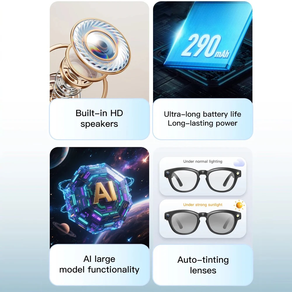 Q8 AI Smart Glasses Real-Time Translation HD Image Stabilization Music Sunglasses For Office Business Travel Sports Camera