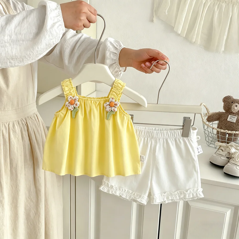 2pc/Set Girls' Baby Set Summer Flower Cotton Camisole Top And Shorts Girls' Clothing Cute Beach Baby Set Baby Girl Clothing