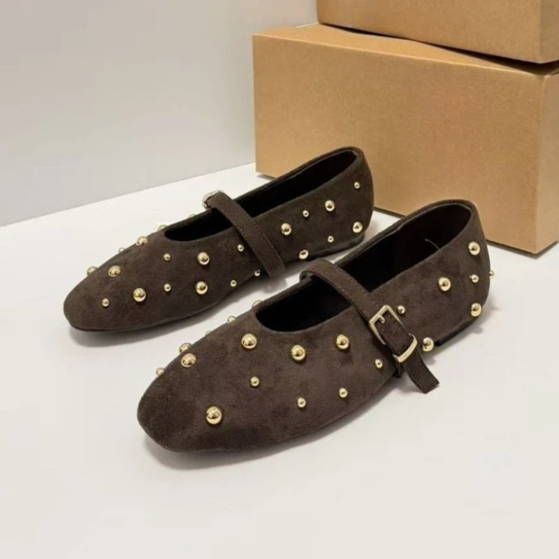2025 Summer Brand Mary Jane Shoes for Women Fashion Rivet Suede Classic Retro Brown Casual Soft Bottom Comfortable Ladies Flats