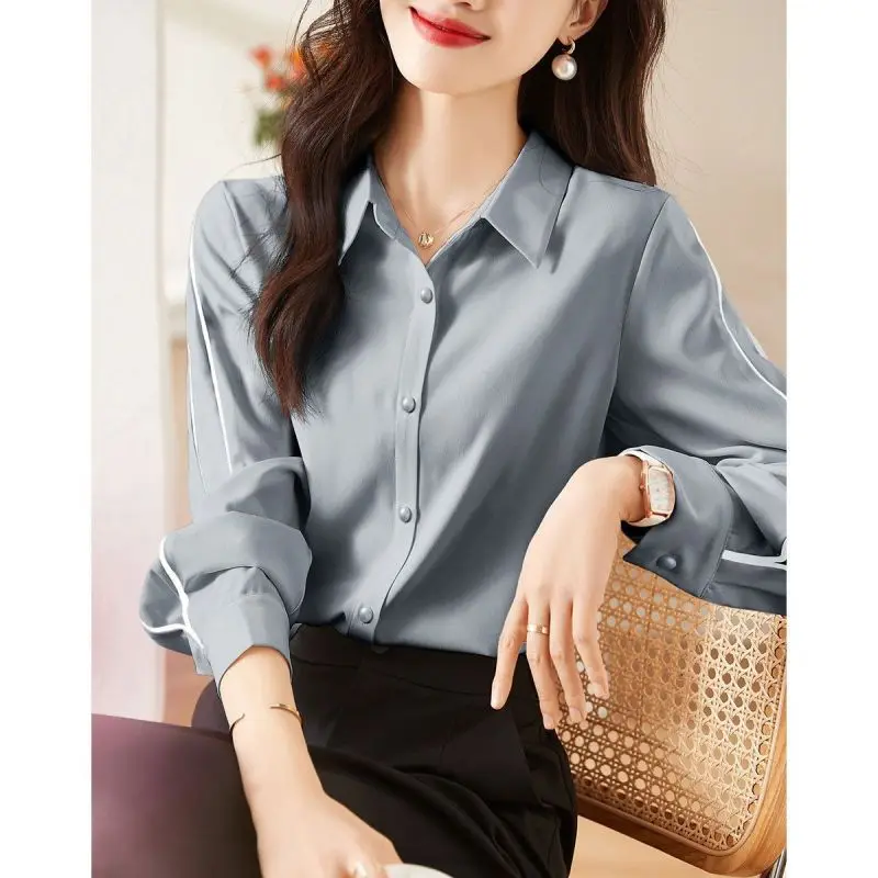 2023 New Spring Fashion Solid Color Polo Contrast Line Design Button Long Sleeve Temperament Commuter Loose Women\'s Shirt