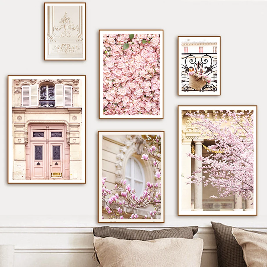 Street View Pink Door Corridor Rose Cherry Blossom Interior Wall Wall Art Canvas Painting Landscape Pictures For Bedroom Decor