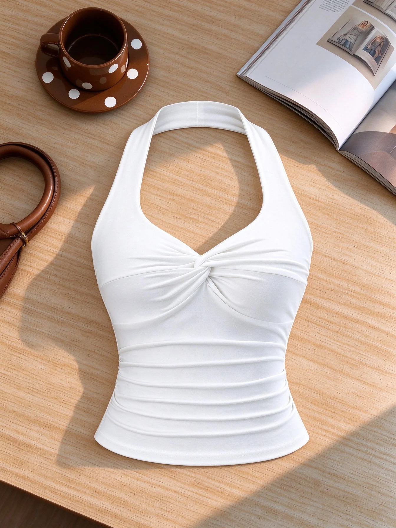 Elegant Halter Neck Twist Front Ruched Crop Top Women Slim Fit Sleeveless Vest For Daily Casual Party Night Out