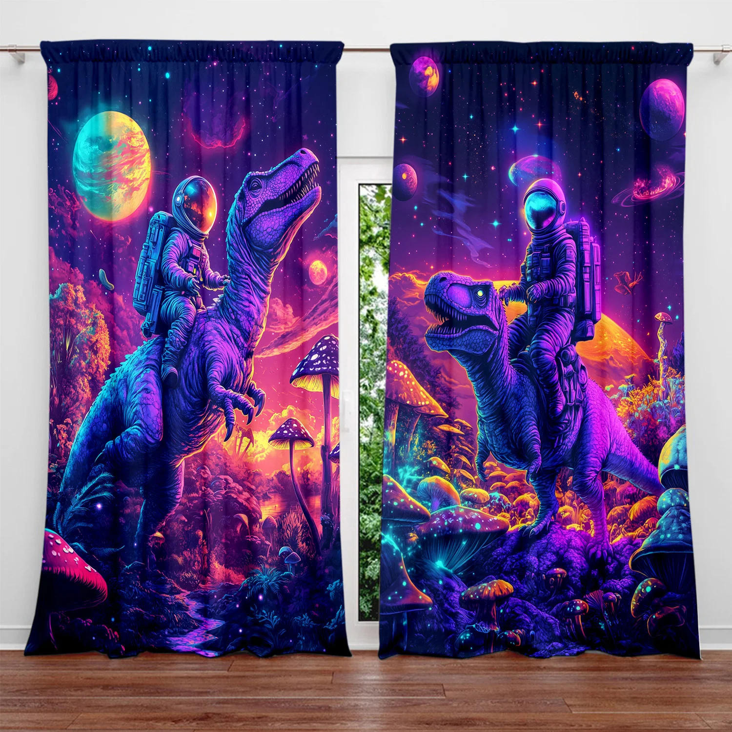 Sci-Fi Astronaut Riding Dinosaur Curtains, Neon Space Galaxy Print Blackout Drapes for Kids Room, Cool Fantasy Home Decor Window