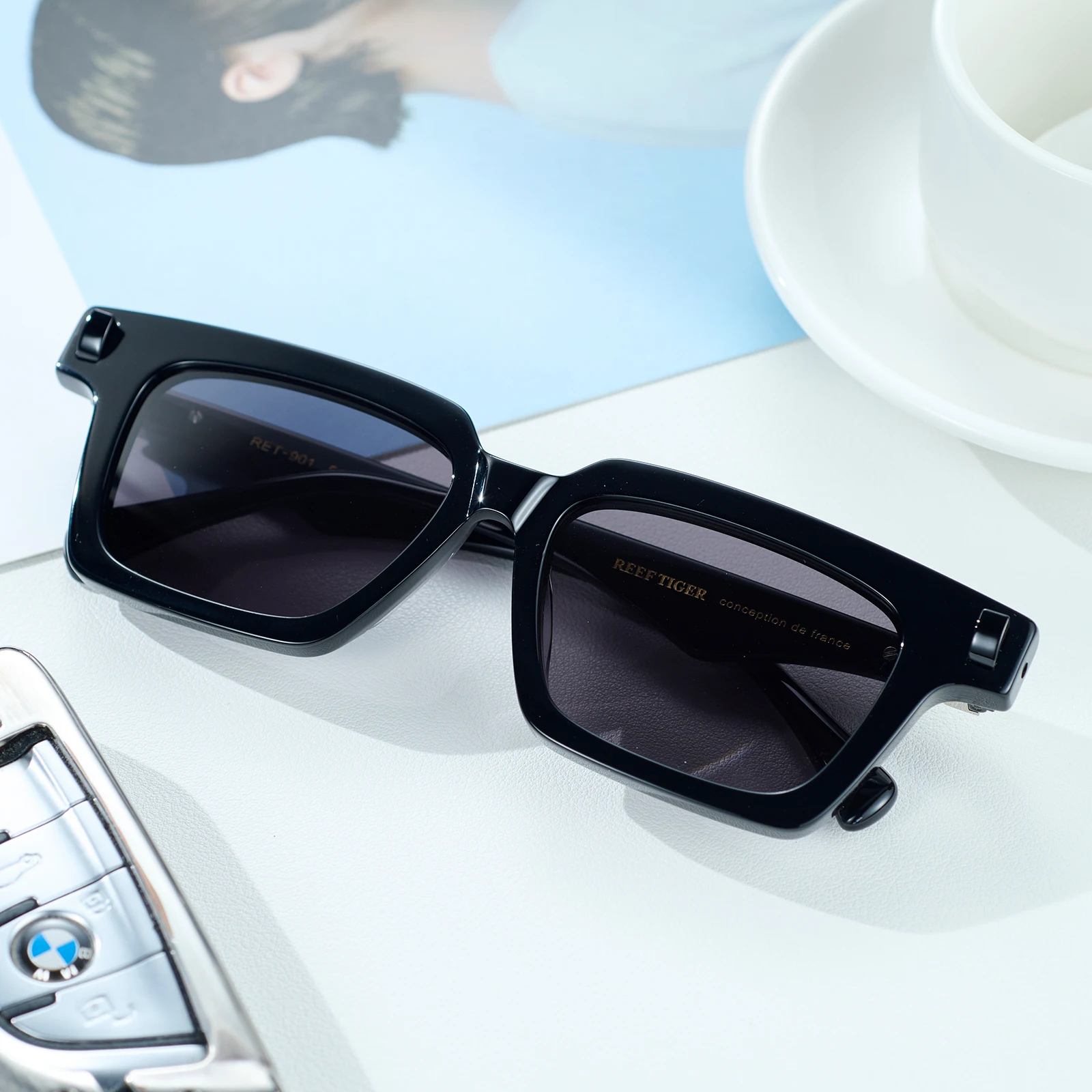 Reef Tiger унисекс квадратные оттенки RET-901 полностью серые модные солнцезащитные очки 400 УФ-защита ярко-черный прямоугольный дизайн