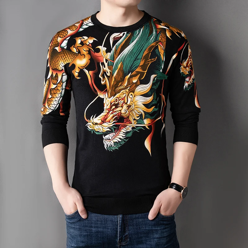 Dragon 3D Print Luxury Knitted Sweaters For Men Fashion Pullovers Autumn Quality Smooth Comfortable Elastic Sueteres Para Hombre