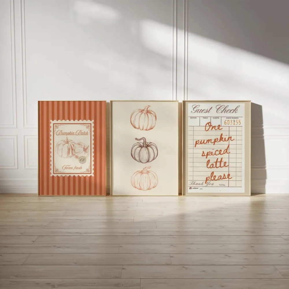 3 Pieces of Frameless Retro Farmhouse Pumpkin Patch Printing,Guest Check Poster,Pumpkin Spice Autumn Decor,Living Room Decor