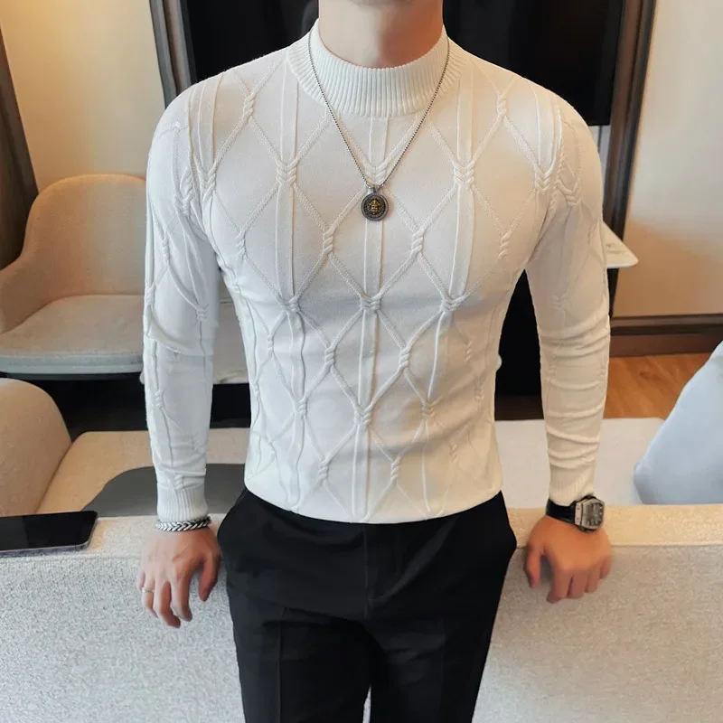 秋のセーター男性のための高品質韓国の高級衣類ジャカード織りニットメンズセータースリムフィットプルオーバー JJ148