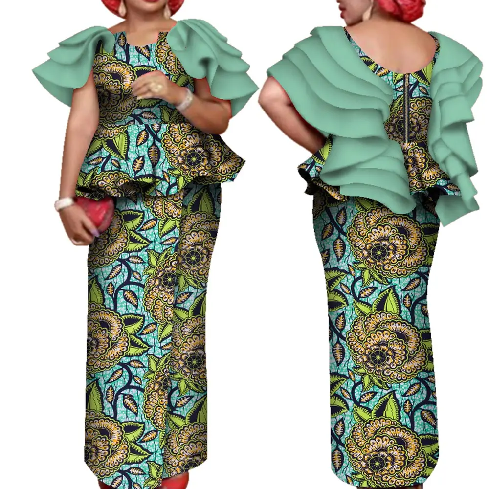 African Women's Clothing Floral Print Ruffle Sleeve Top Shirt and Long Skirt 2 Pieces Set Elegant Dashiki African Clothes Wy7643