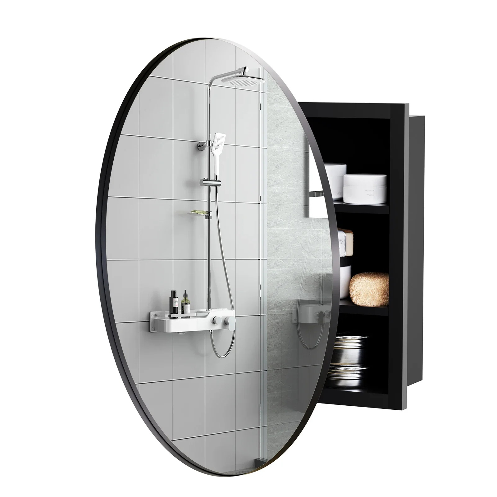 

Round Bathroom Mirror Cabinet Single Door Wall Mounted Bathroom Cabinet Storage Cupboard Ready Assembled with Adjustable Shelf