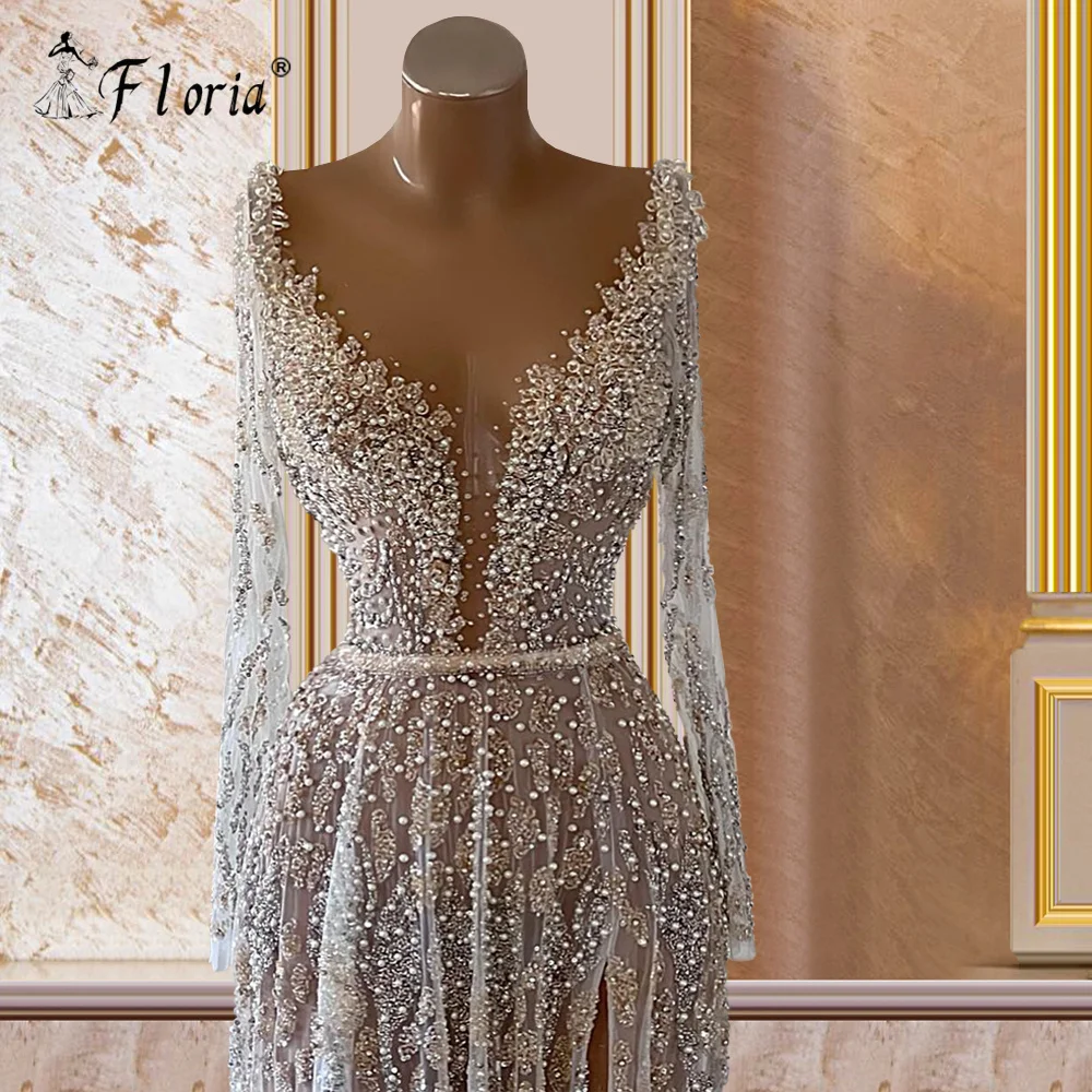 Rất Nhiều Đính Hạt Ngọc Trai Áo Dây De Soiree Cao Cấp Sheer CỔ V Nàng Tiên Cá Xẻ Đầm Vestido De Fiesta De Boda Tay Dài Suknie wieczorowe