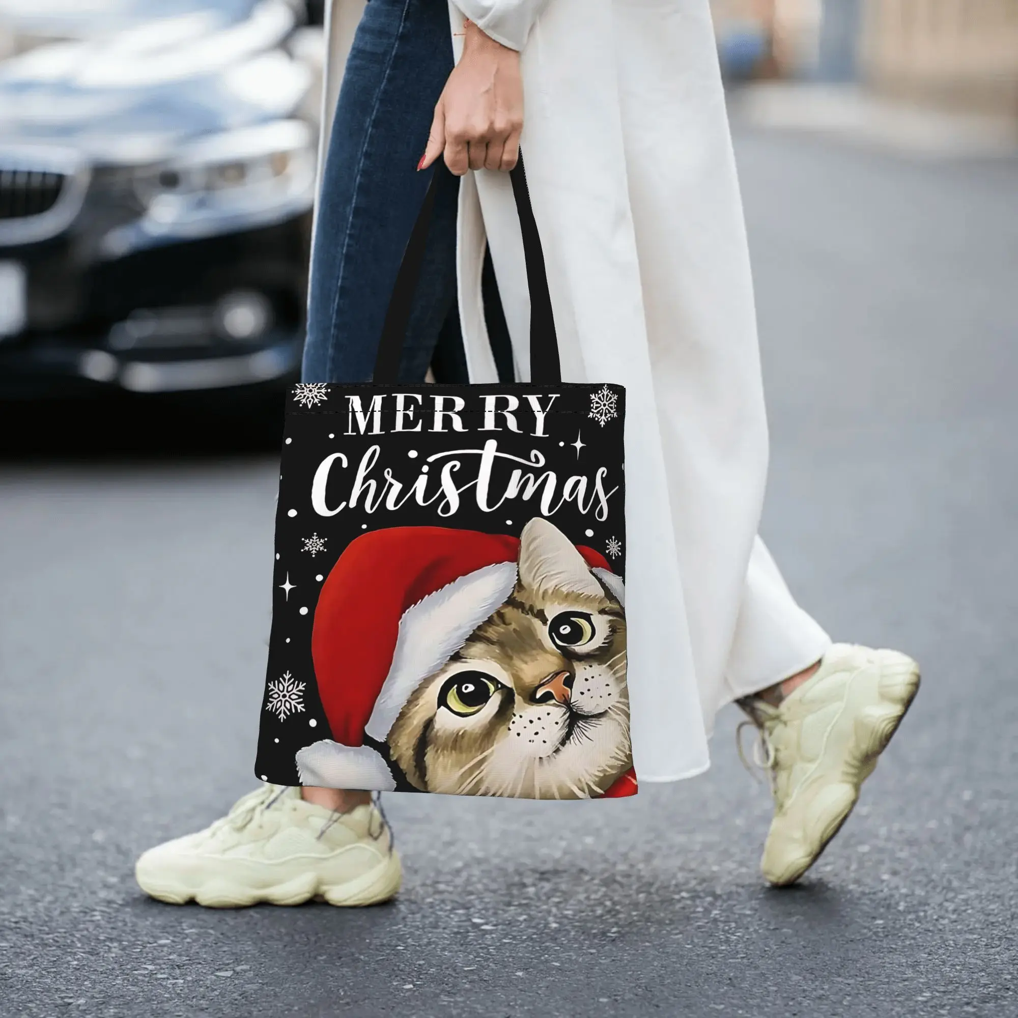 Customized Merry Christmas Cat with Santa Hat Women's Bag Shopping Bag Reusable Double Sided Canvas Tote Bag Shoulder  Handbag