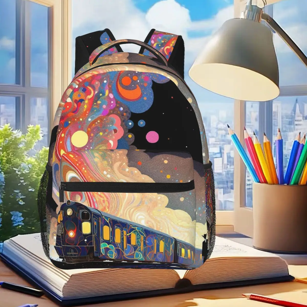 

Dreamy Cartoon Space Train Adventure Backpack Student Boys Girls BookBag Children School Bag Laptop Shoulder Bags for Men Women