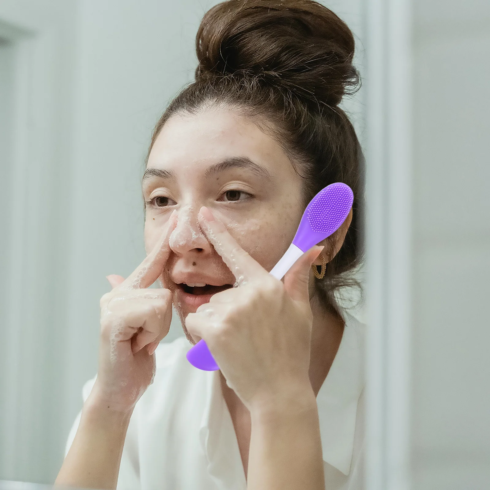 3Pcs Silicone Facial Cleansing Brush Double Head Portable Skin Cleanser Mint Green Pink Purple Facial Brush Face Cleansing Tool