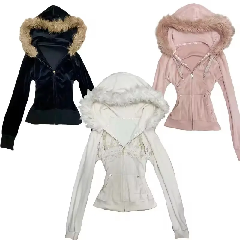 

Street Sle Punk Retro Slim Fit Zipper Plu Hoodie Jaet Women Y2K Faion Polyester Fabric Ladies ort Outerwear