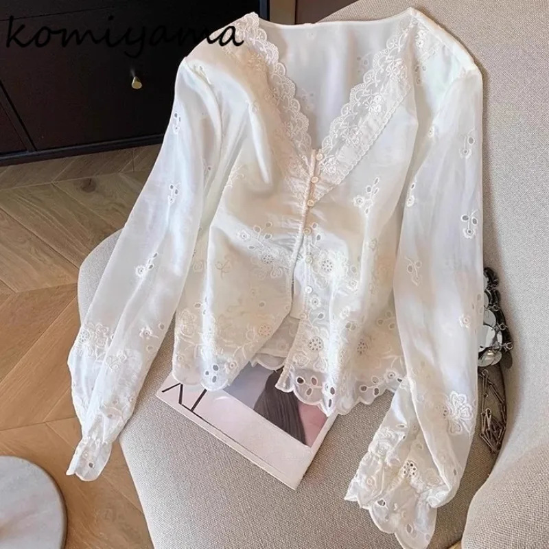

Hollow Out Lace Flower Woman 2025 Shirts & Blouses V-Neck Long Sleeve Blusas Mujer Korean Casual Ropa Clothing Fall Camisas