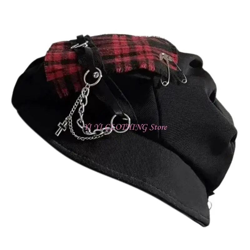 N5KF Hat Painter Hat with Tartan Metal Chain for City Walk Hat British Hat