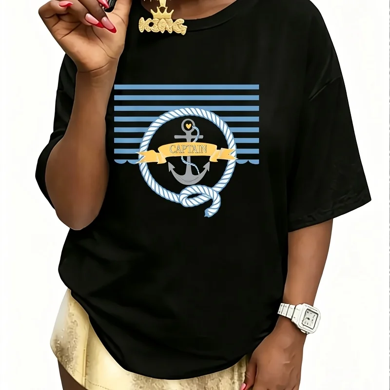 Nautical Stripes Anchor Blue Captain Women's 100% Cotton T-Shirt Fun Print Short Sleeve Top Casual Round Neck Tee S-5Xl