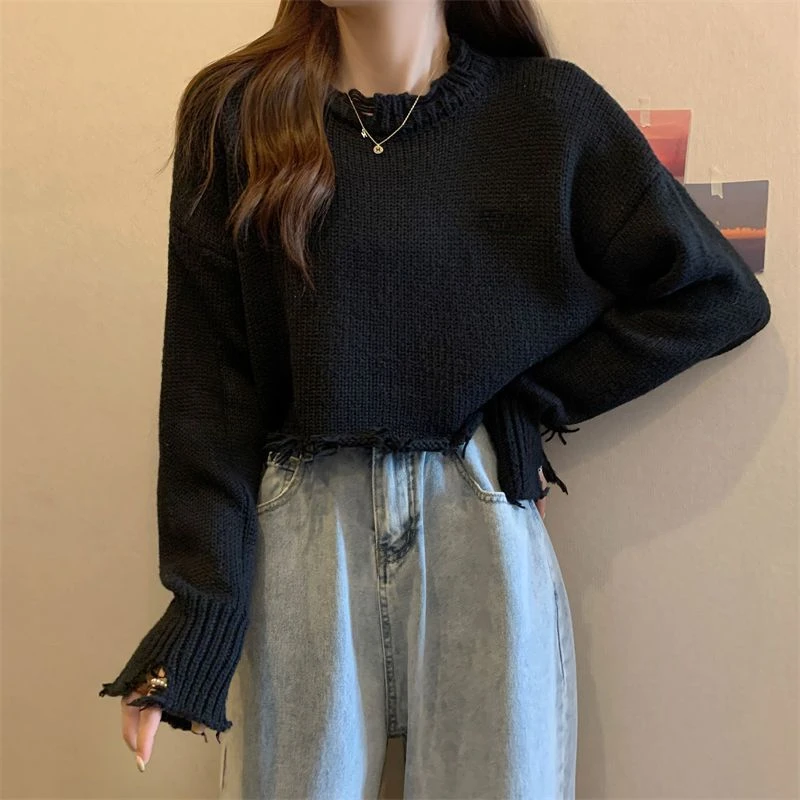 Hole Short Sweater High Waist Tassel Irregular Hem Women Pullover Long Sleeve Knit Top American Style Korean Fashion Hotsweet