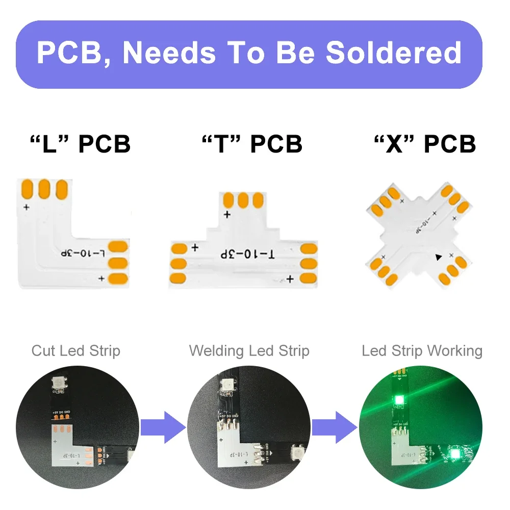 L T X Shape Free Soldering LED Strip Connector 2PIN 3PIN 4PIN 5PIN Corner Connect For 10mm WS2811 WS2812 5050 RGB Light Tape