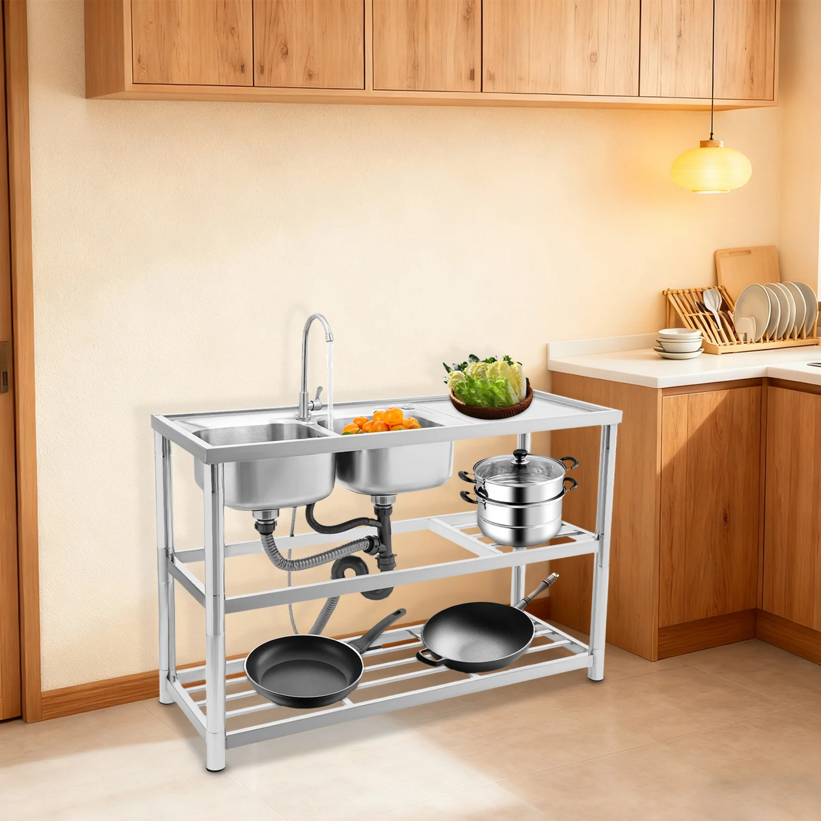 

Modern 3 Tiers Freestanding 201 Stainless Steel Double Bowl Commercial Restaurant Kitchen Sink Set with Faucet/Drainboard