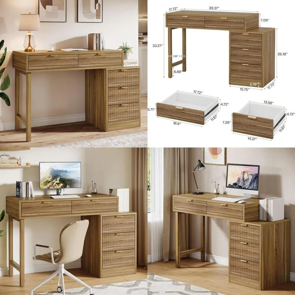computer desk with 5 drawers, reversible small writing desk with storage, vintage wooden study table office workstation for hom