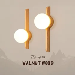 Globe Glass Moonlight Creative Walnut Wood, Wabi-sabi Modern Style, Wall Sconce Light for Living Room, Bedroom, Study, Corridor