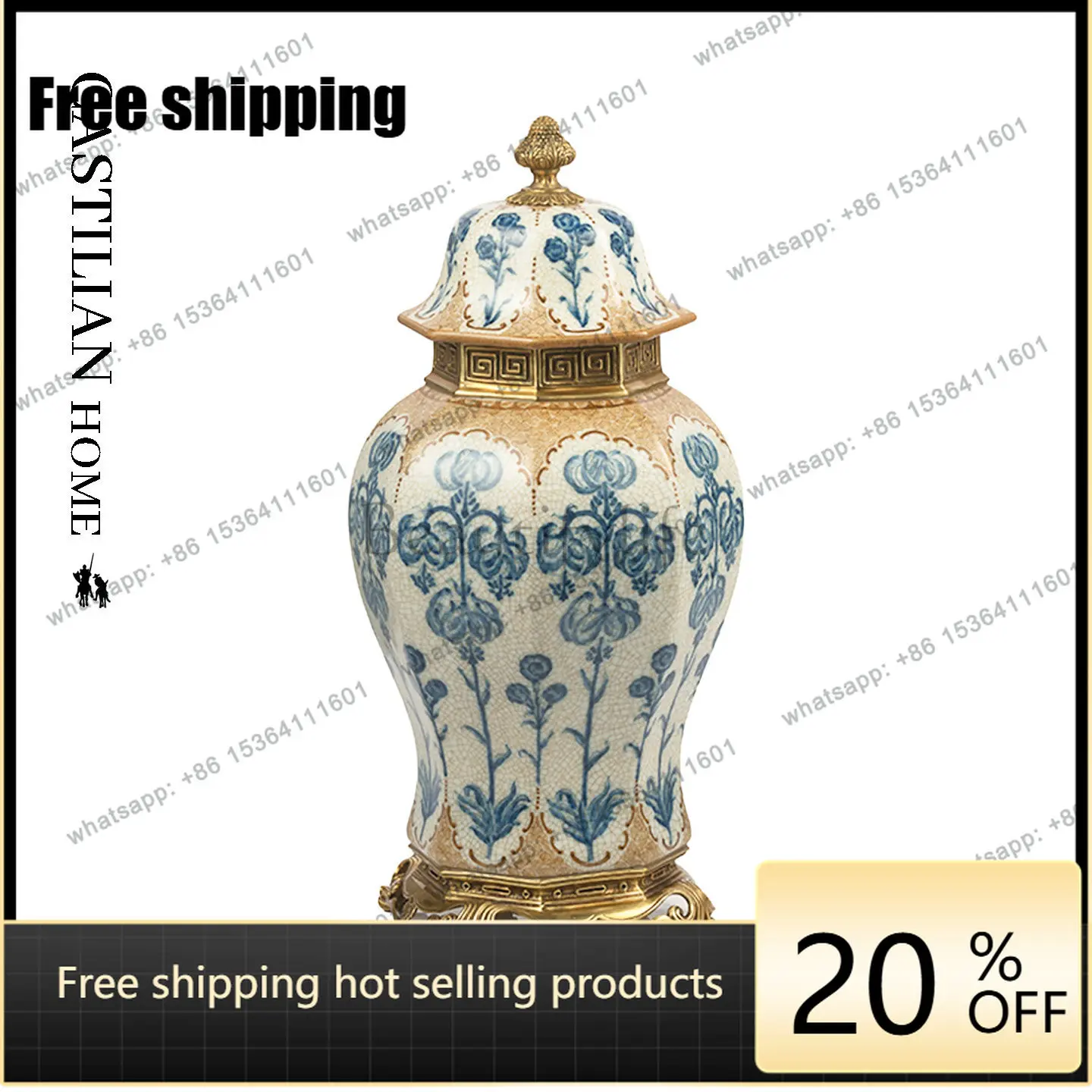 HOT New Chinese Style Blue and White Porcelain General Vase Entryway Decorative Ornament C5103
