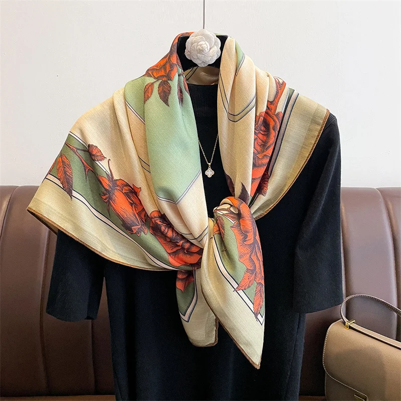 Fashion Double-Faced Scarf Retro Print Designer New Large Square Scarves 90cm Shawl Headscarf Luxury Bandana