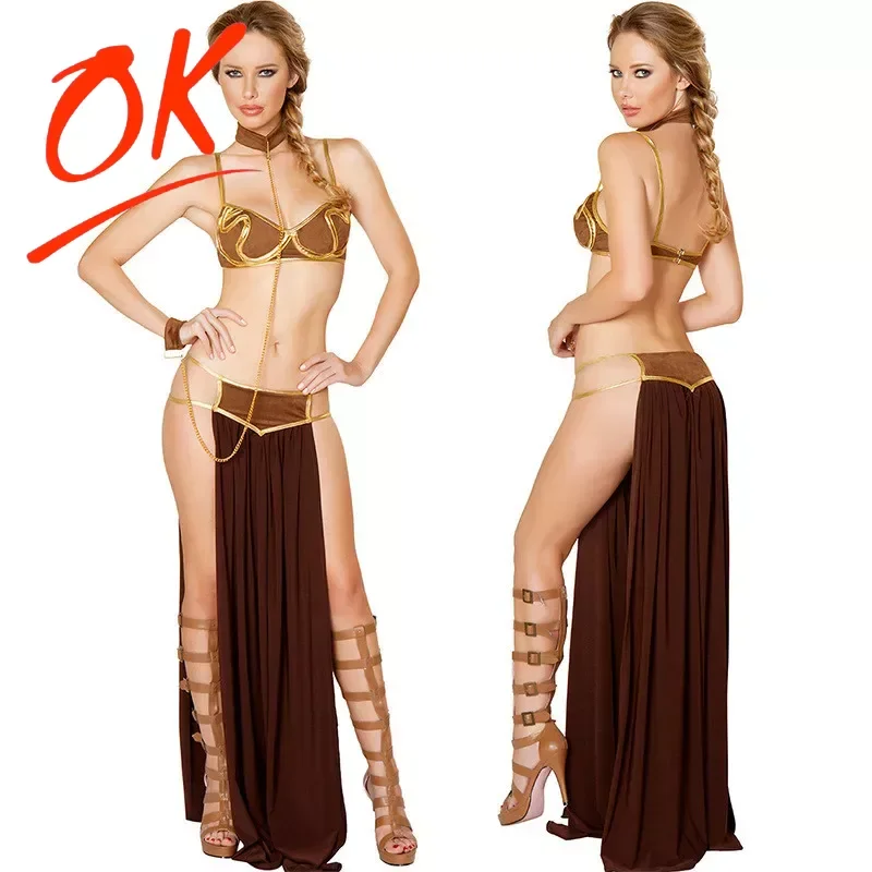 Princesa Leia Escrava Cosplay Traje para Mulher, Traje de Halloween Adulto, Cleópatra Egípcia Antiga, Vestido Erótico Dança do Ventre