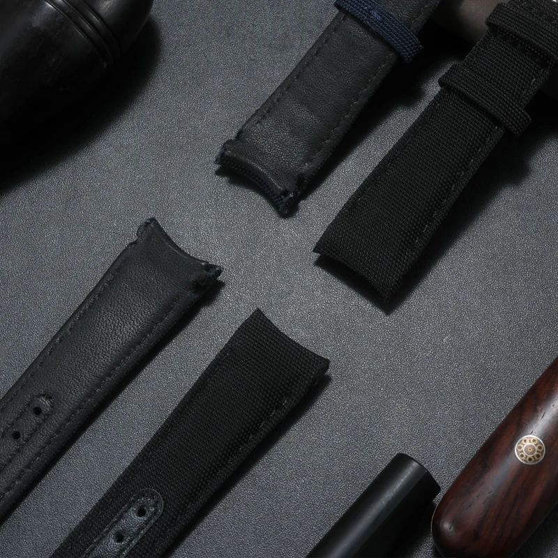 Faixa de relógio de couro de nylon com extremidade curvada 20mm 22mm para Rolex Submariner para Omega Planet Ocean Seamaster 300 Acessórios de pulseira de cinto