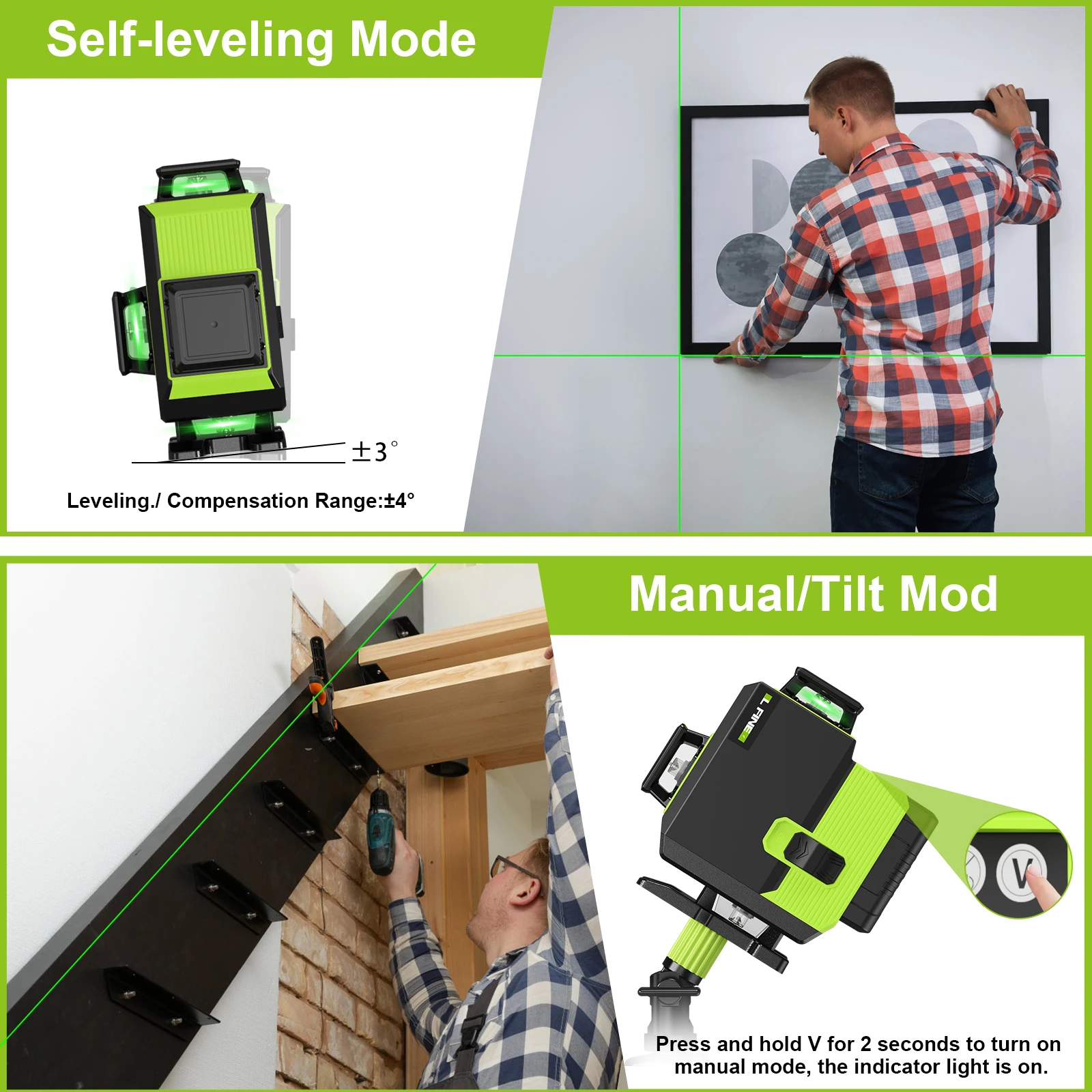 Lfine 4D 16 Lines 360°Self-leveling Laser Levels with Suitcase Horizontal Vertical Green Lines Professional Laser Level Tool