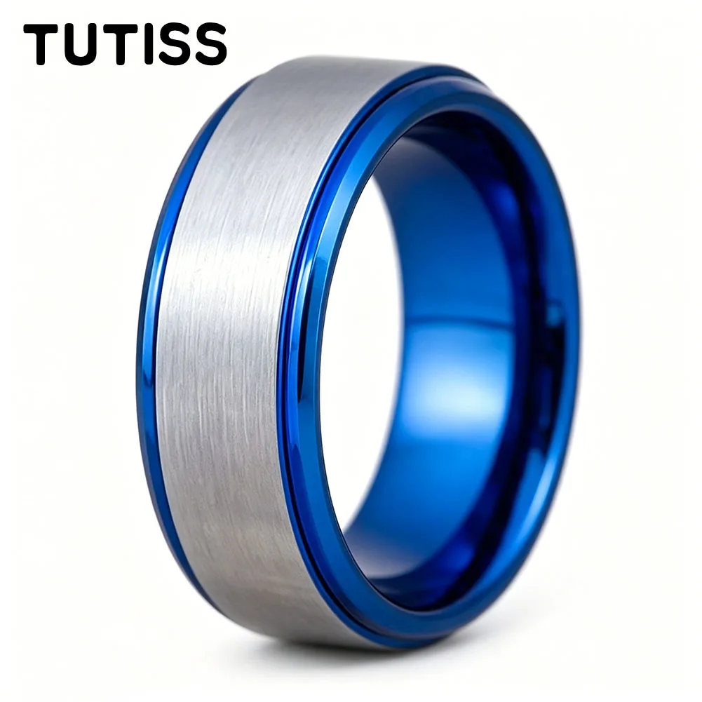 

Men's Two Tone 6/8mm Tungsten Ring, Matte Silver Brushed Center with Shiny Blue Beveled Edges, Durable Daily Wear Wedding Band