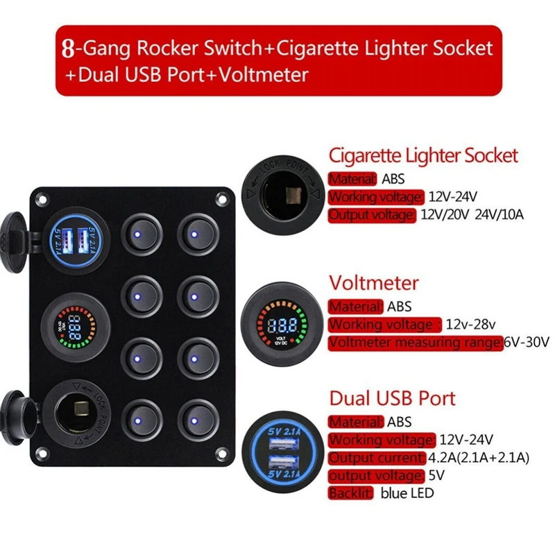 8 Gang Marine Boat LED Circuit Breaker Toggle Switch Panel With Digital Voltmeter Dual USB Port For Car Boat RV Truck