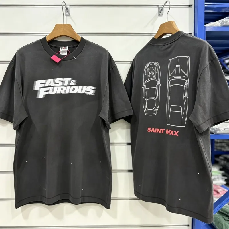 Vintage Distressed Splashed Ink Car Modeling Pattern Round Neck Short Sleeve Tee Saint Tshirts Summer Hiphop Streetwear Mx6 Tops