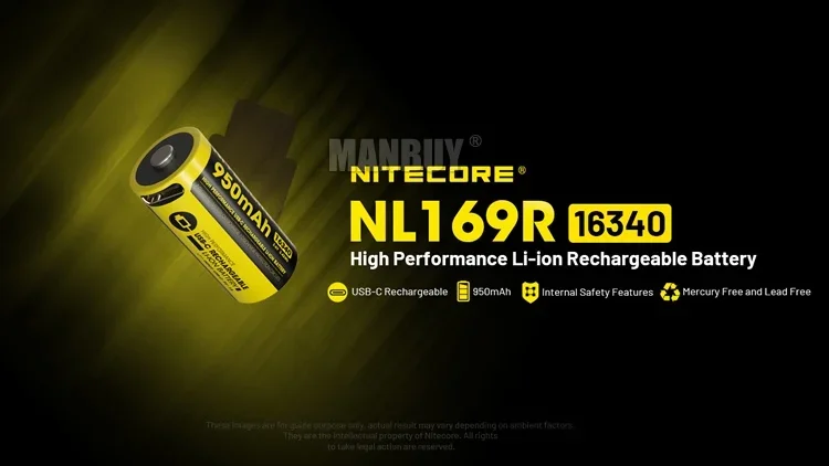 Original Nitecore NL169R 950mAh 3.6V 3.42Wh 16340 USB-C Charging Port Rechargeable Li-ion Battery x2 Pieces with Free Flashlight