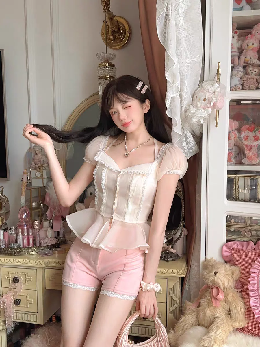 

Princess sweet lolita bobon21 French girl ruffled halter lace bow chiffon pink shirt/shorts TB2251