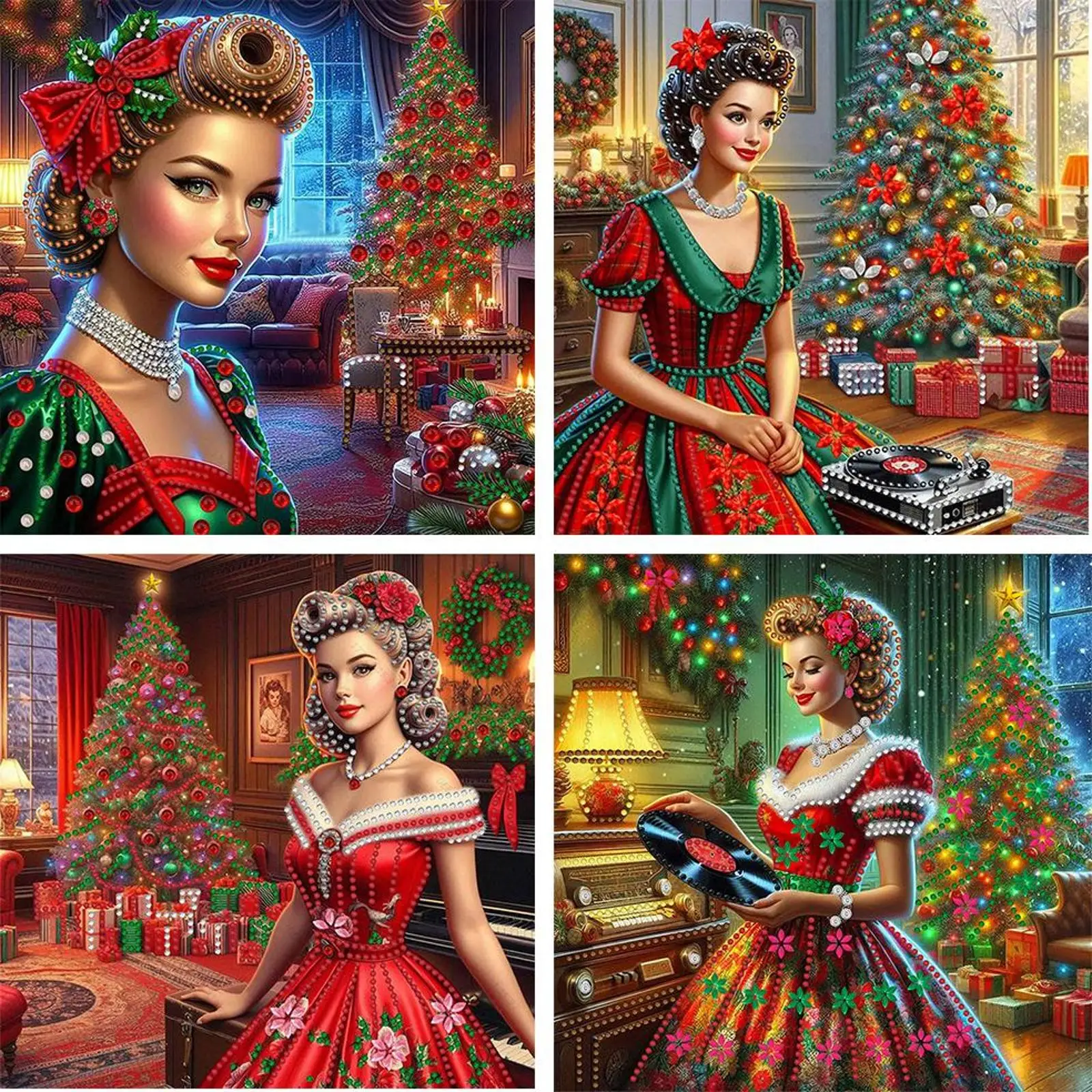 

Набор из 4 алмазных картин 5D DIY с частичным покрытием, особой формы, для декора в стиле Рождественской леди, 30x30 см