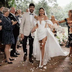 Newest Cut-out Waist Wedding Dresses Off the Shoulder Asymmetrical Country Bridal Gown Detachable Train Country Robe De Mariage