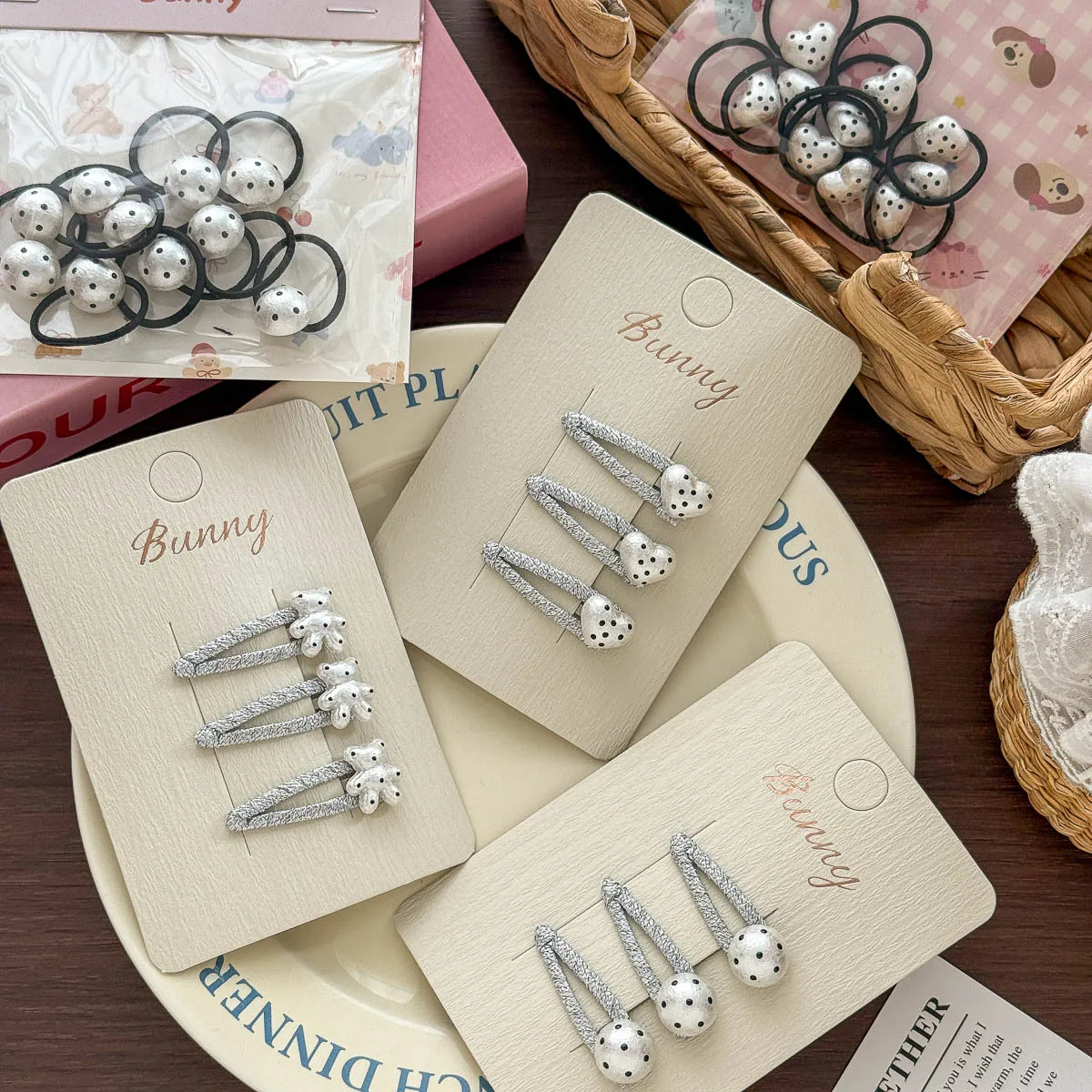 Silver Polka Dot Bear Love Hairpin Children's Elastic Hair Band Cartoon Cute BB Clip Baby Bangs Side Clip Kids Hair Accessories