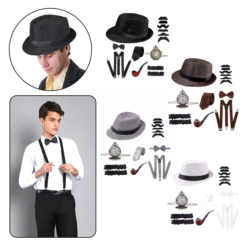 Halloween 1Set 1920's Cosplay Kostuum Hoed Zakhorloge Stropdas Snor Bowtie Gatsby Maskerade Accessoires