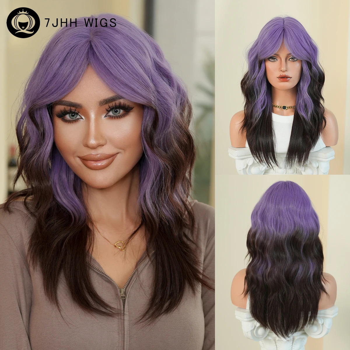 

7JHH WIGS Long Body Wave Purple Ombre Black Wig for Women Modest Fashion Synthetic Elegant Middle Part Wear and Go Purple Wigs