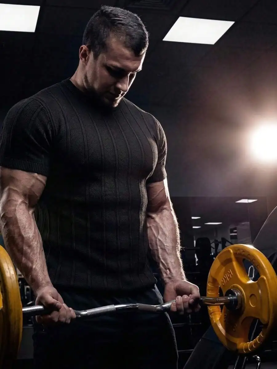 

Mens Vertical Striped Short Sleeve Knit Sweater For Gym Sports Cycling Running Black