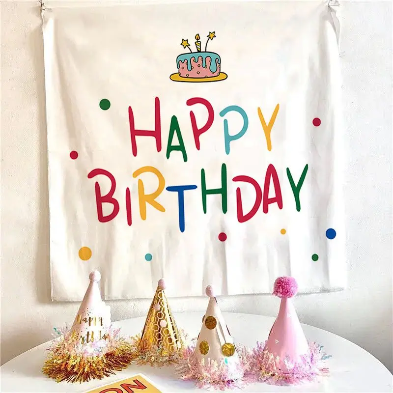 VIKAMA Simple Cake Balloon Birthday Tapestry, Happy Birthday Aesthetic Wall Hanging for Bedroom Living Room Decor