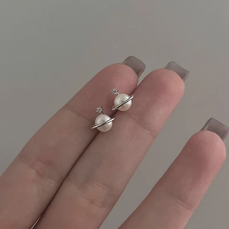 رائعة فضة مطعمة صغيرة الزركون تقليد اللؤلؤ زحل وأقراط للمرأة الفتيات الكورية مصمم مجوهرات هدايا #1