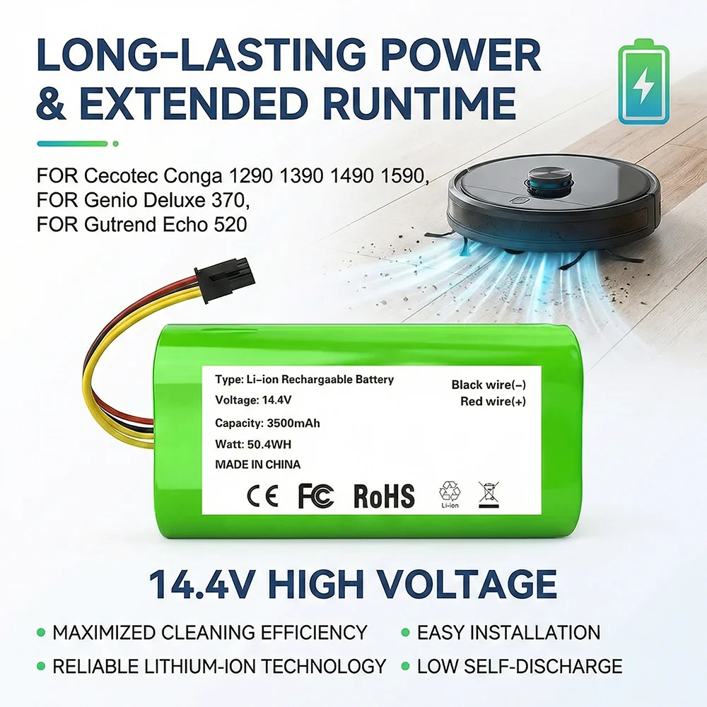

14.4V 3500mAh Li-ion Battery For Cecotec Conga 1290 1390 1490 1590 Genio Deluxe 370 Gutrend Echo 520 Robot Vacuum Cleaner